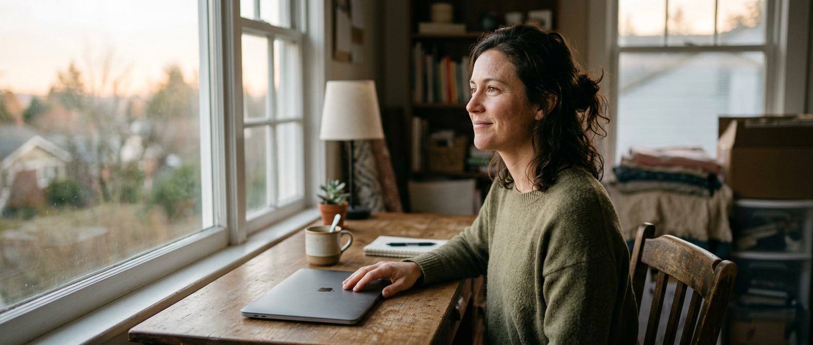 Small business owner sitting at a desk in the early morning